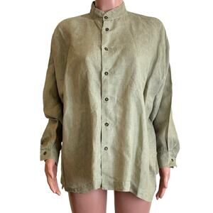 Eskandar Shirt Sz 0 Oatmeal Linen Mandarin Stand Collar Longer Back Blouse Top